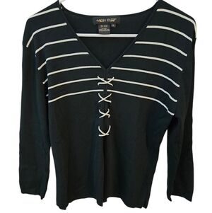 Black and White Striped Women's Top, Criss Cross, Ribbed, XL